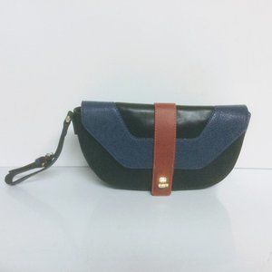 Henri Bendel Art Deco Wristlet Clutch with Gold Front Clasp, Black, Blue and Red